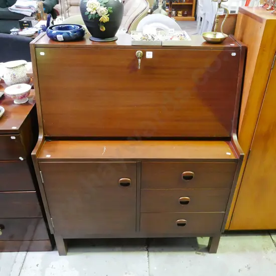 mid-century 1 door 3 drawer drop down lockable writing desk - key in office