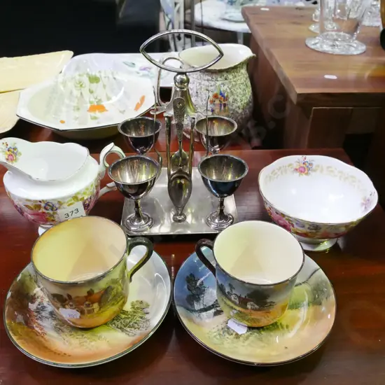 2x Doulton cups, saucers, cream, sugar, plated boiled egg server