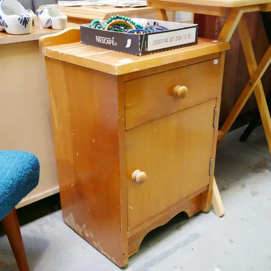 solid rimu 1 door 1 drawer bedside cabinet - varnish needs ateention