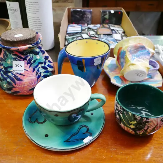 studio pottery cups, saucers, storage canister