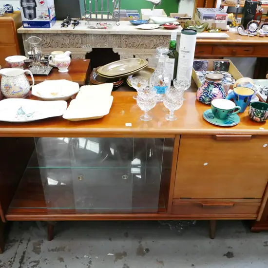 mid-century sideboard/drop down liquor cabinet - some damage to varnish H-790 W-1345 D-400
