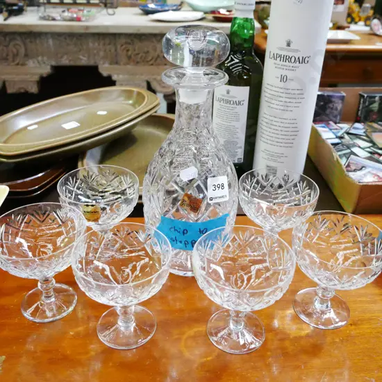 Georgian crystal decanter (chip to stopper)  with 6x Webb Corbett small champagne glasses 