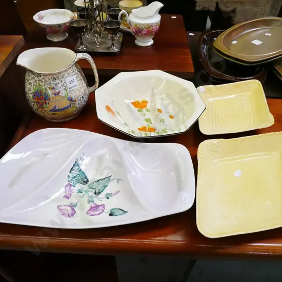 crinoline lady jug, hand painted bowl, 3 serving dishes