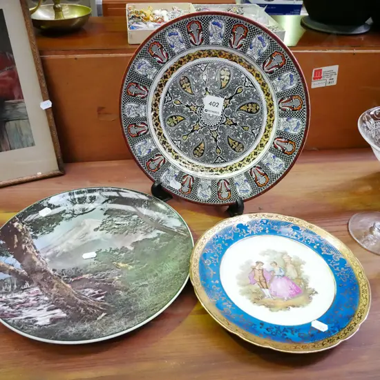 Wedgwood Indian plate, Doulton Mt Egmont plate, Limoges romance scene