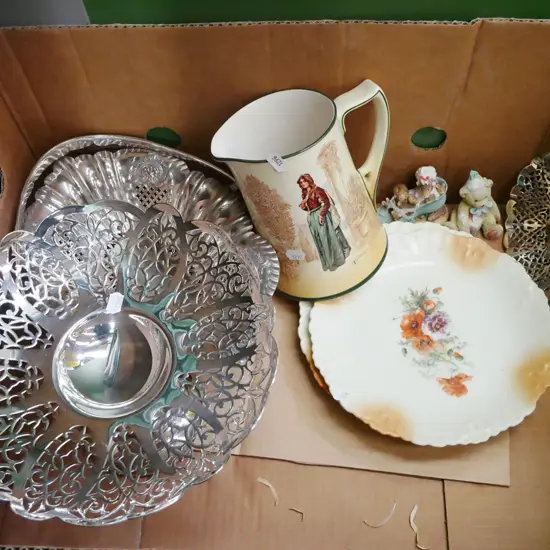 box; Royal Doulton Juliet jug, floral plates, plated ware