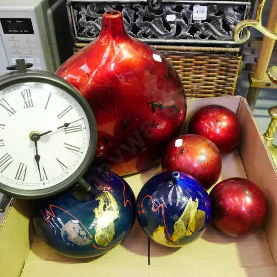 box; ornamental boards, reproduction mantle clock, 3x ceramic vases