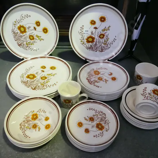 assorted Crown Lynn wild flowers dinner items; plates, cups, saucers