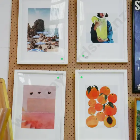 2x framed photo prints, 2x other prints - green dots