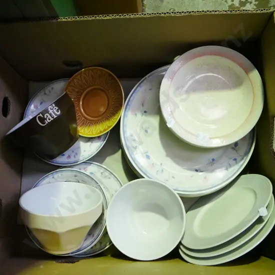 box; mixing bowls, plates etc