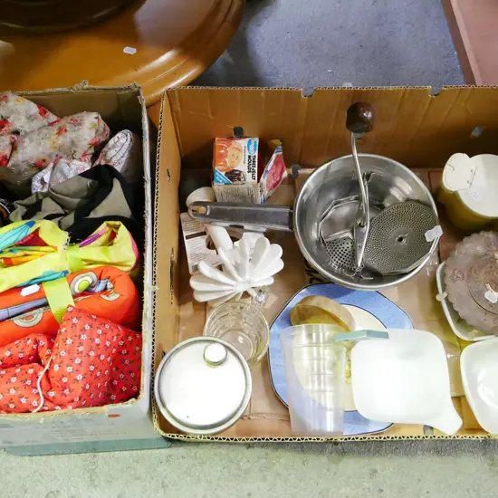 2 x boxes of fabric pieces, cocktail shaker, mouli etc - red dots