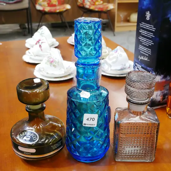 3x small coloured glass decanters Tallest H-280