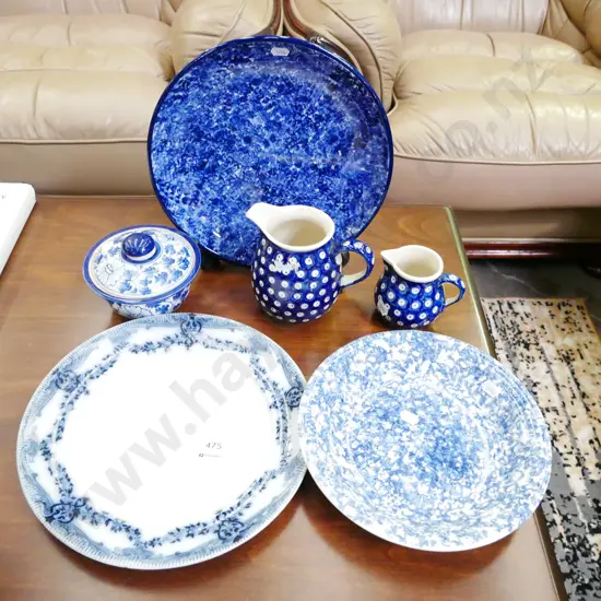 blue and white plate, canister, bowl, jug