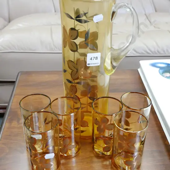 retro amber glass floral water set with 6 glasses Jug H-320