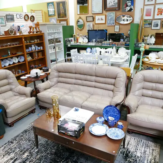 beige leather and wood 3 piece lounge - 3 seater and 2 singles