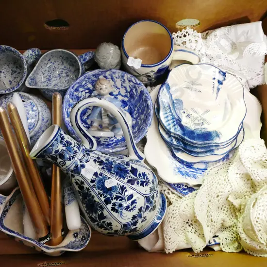 box; blue and white plates, jugs, candlesticks etc