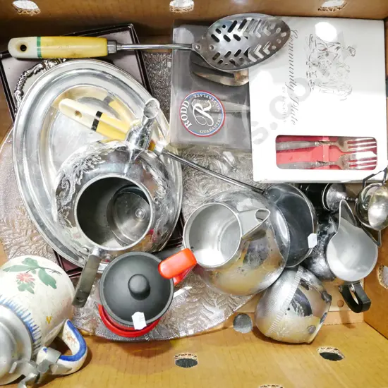 box; plated ware, large glass serving plate, beer stein etc