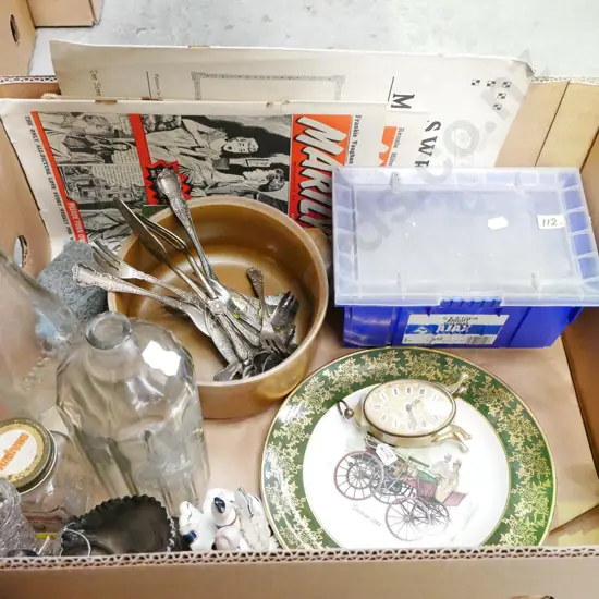 box; glass bottles, nails, cabinet pate, vase etc