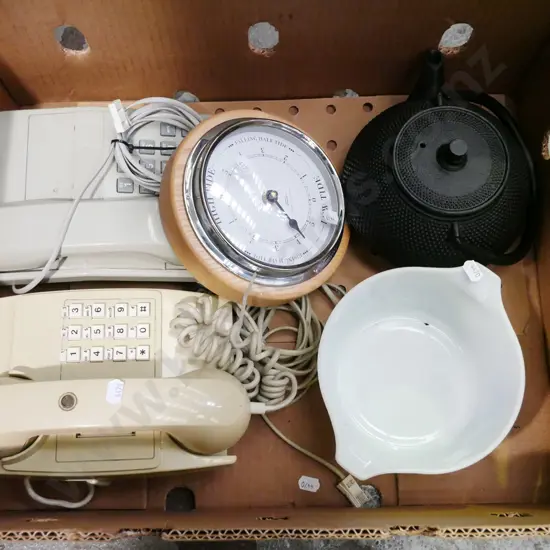 box; 2x push button phones, teapot, bowl, tide clock