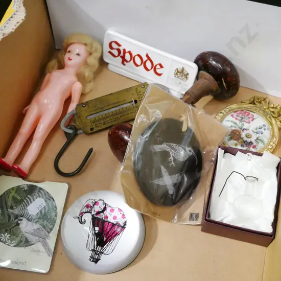 box; door hardware, ceramic scythe etc