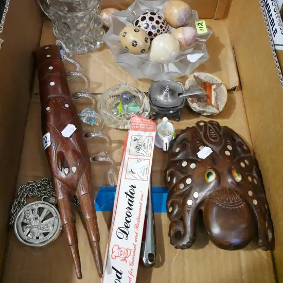 box; wooden souvenir ware, stone eggs, glass jug etc