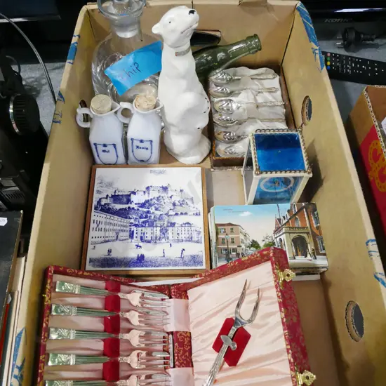 box; chipped decanter, cutlery, ceramic tile etc