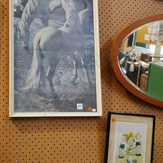 2x framed prints- horses, kids - orange dots