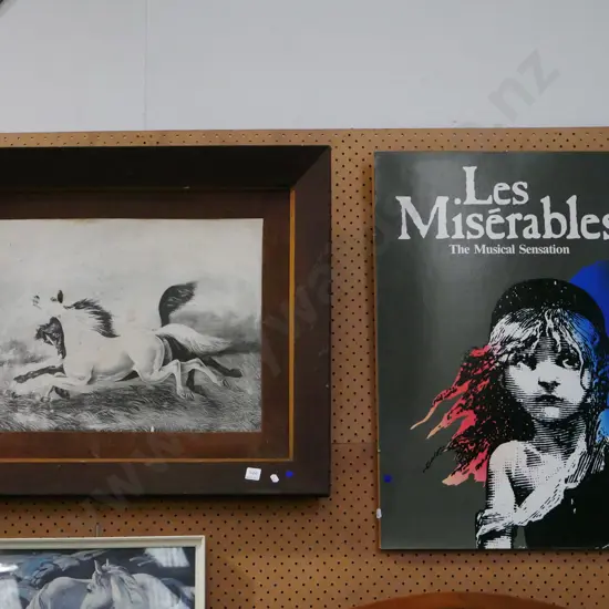 oak framed black and white horse print - some foxing, Les Miserables poster print - blue dots