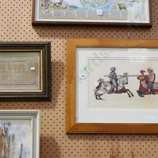 framed needlework, framed jousting knights print - green dots