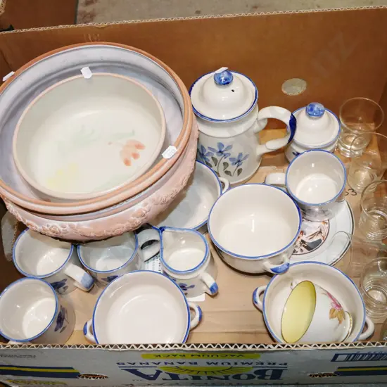 box; terracotta jardiniere, ceramic bowls, coffee set etc