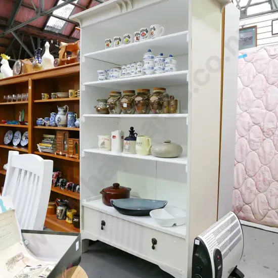 white painted distressed bookcase with 1 lower drawer H-1925 W-1120 D-500