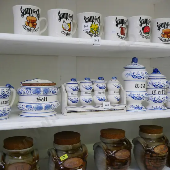 blue and white storage canisters, salt pig, spice rack