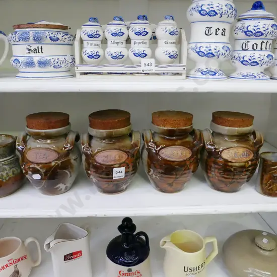 studio pottery storage canisters, jug, teaspoon caddy