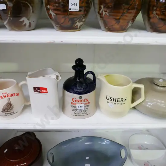 3x whisky jugs, bottle, stoneware hot water bottle
