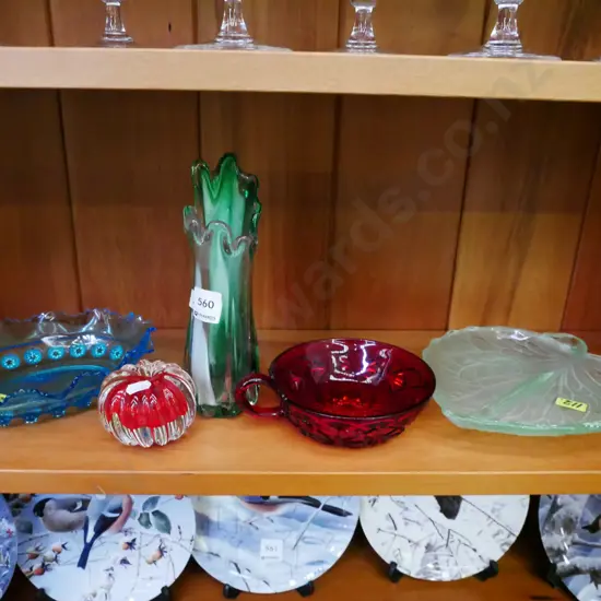 coloured glass bowls, leaf dish, paperweight