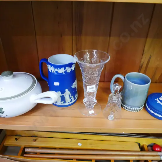 Denby casserole, Wade coffee cup, crystal vase etc