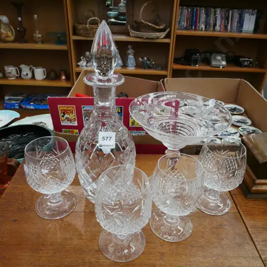 stoppered decanter, 4 crystal goblets, etched comport