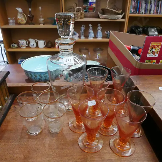 stoppered etched decanter, 5x glasses, 9x pink liqueur glasses