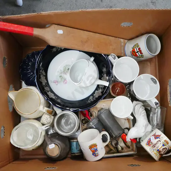 box; cups, bowls, invalid's cup, miniature cricket bat etc