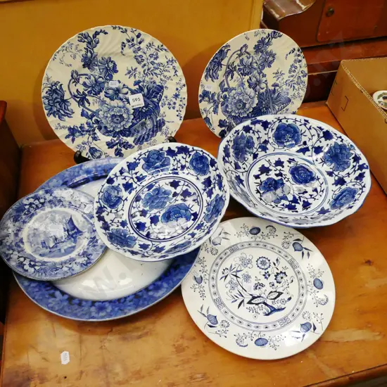 blue and white china, plates, bowls etc
