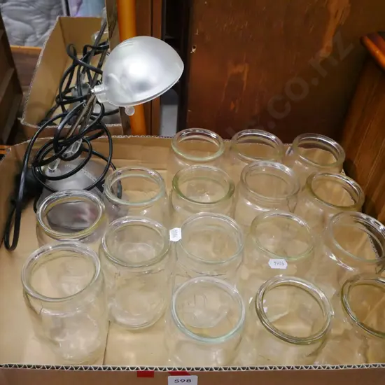 box; small jars, desk lamp
