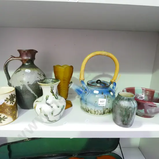 amber depression glass vase, pottery teapots etc