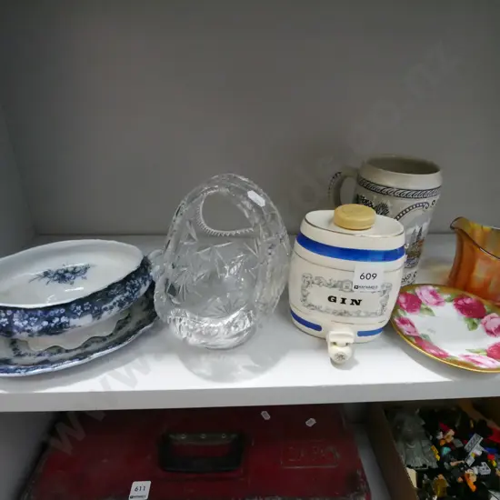 crystal basket, beer stein, amber glass jug etc