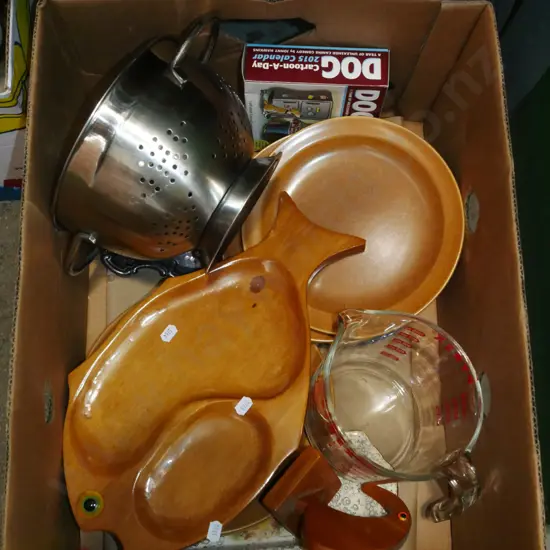 box; pyrex jug, wooden  fish plate, colander, plates etc