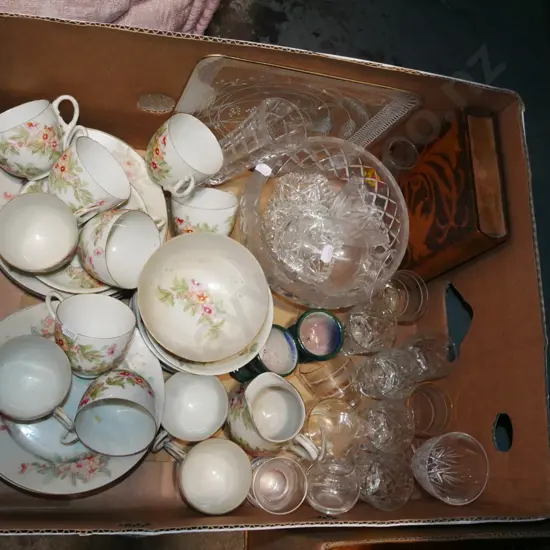 box; part floral tea set, crystal bowl etc