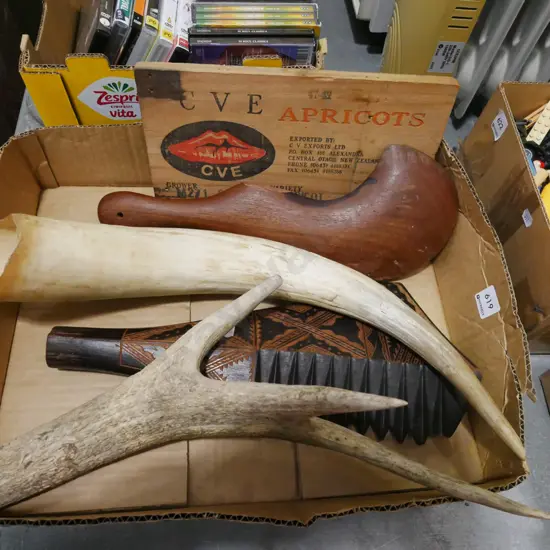 box; deer antler, clubs etc