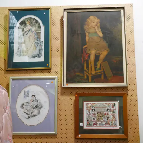 3x framed needleworks, girl on stool - orange dots