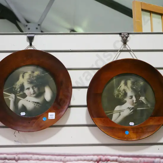 2x wood framed circular cherub photo prints - blue dots