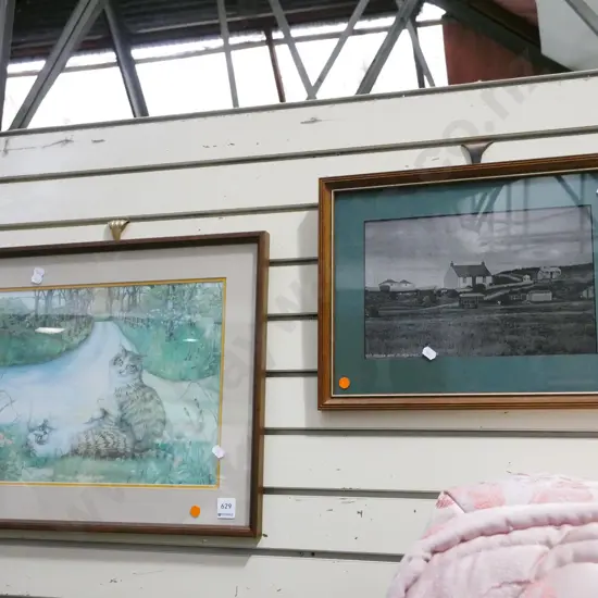 2x framed prints - cats, bungalow - orange dots