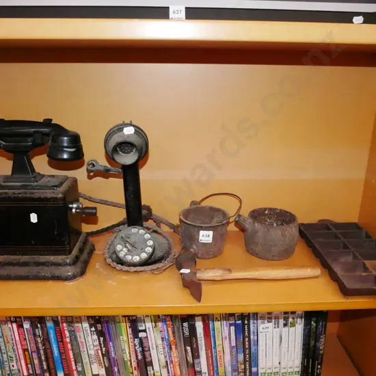 shelf; telephones, glue pot, hammer etc