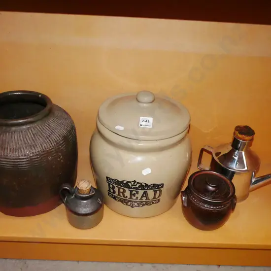 lidded canisters, small stoneware bottler, oiler Tallest H-240